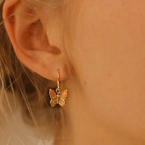 Dainty Butterfly Hoop Drop Earrings Gold OS